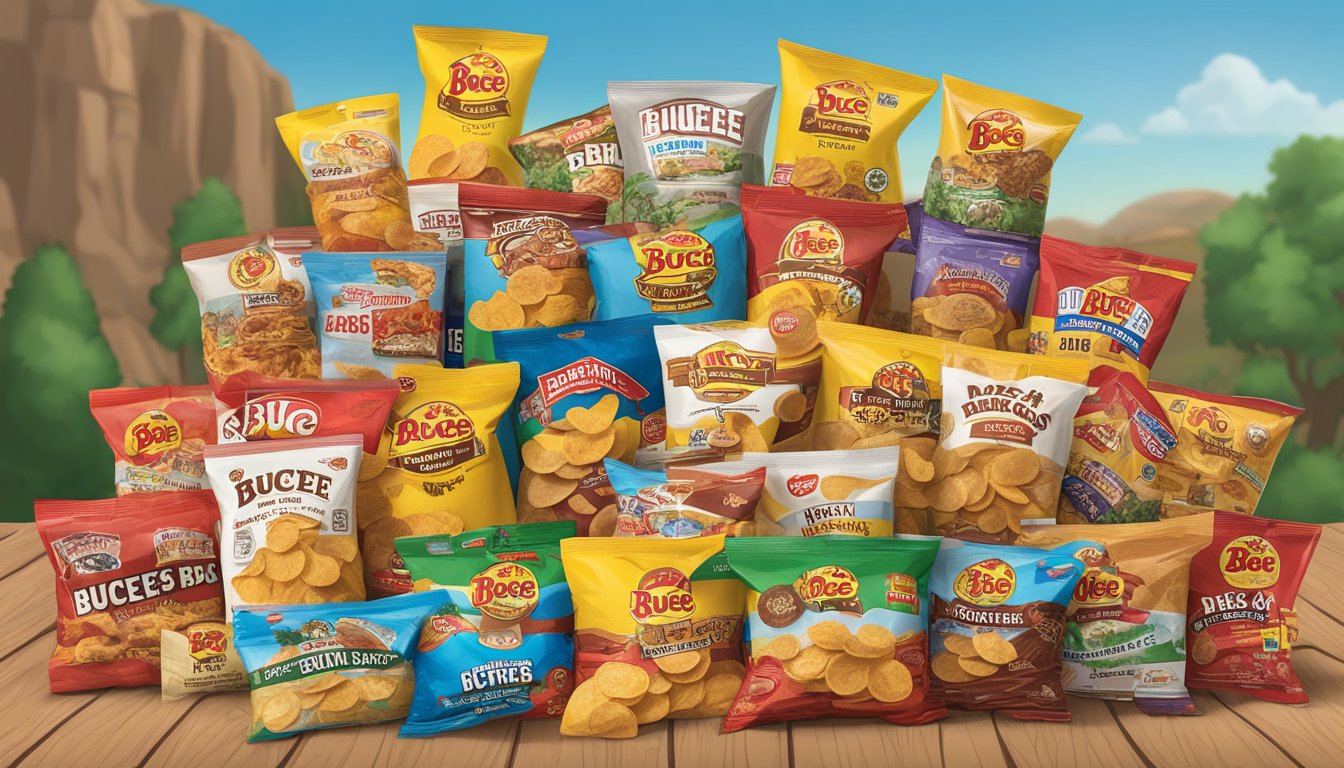 A bag of Buc-ee's Mesquite BBQ Potato Chips sits among 15 other Buc-ee's items, ready to be packed into a road trip care package