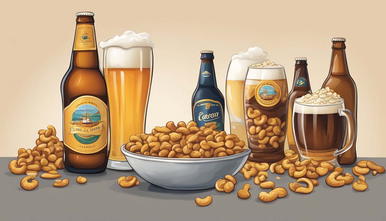 A bowl of sea-salted caramel cashew crunch sits next to a variety of beer bottles, ready to be enjoyed as a tasty snack