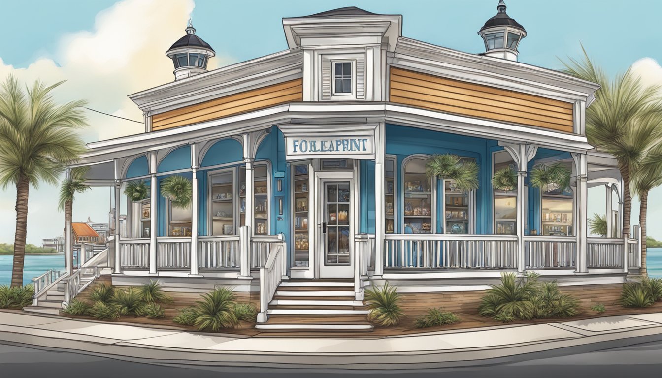 A Gulfport store featuring nautical-themed architectural elements, such as a lighthouse-inspired tower and ship wheel details