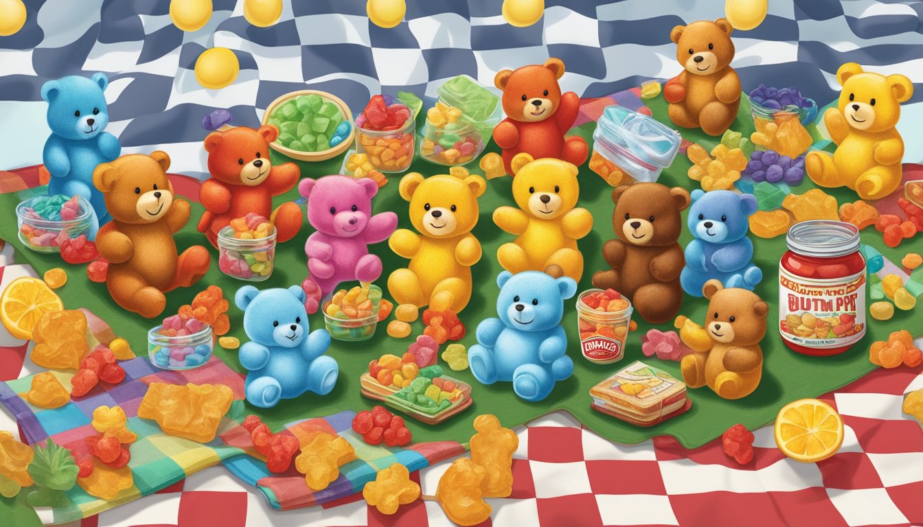 A colorful display of Buc-ee's Gummi Bears and other road trip essentials arranged on a checkered picnic blanket