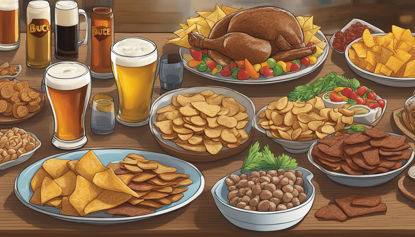 A table spread with various types of Buc-ee's snacks, including peppered turkey jerky, arranged alongside a selection of different beers