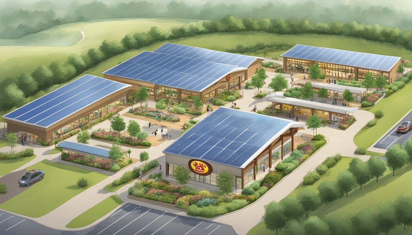 A row of 9 Buc-ee's locations with eco-friendly features and unique architectural designs, surrounded by lush greenery and solar panels