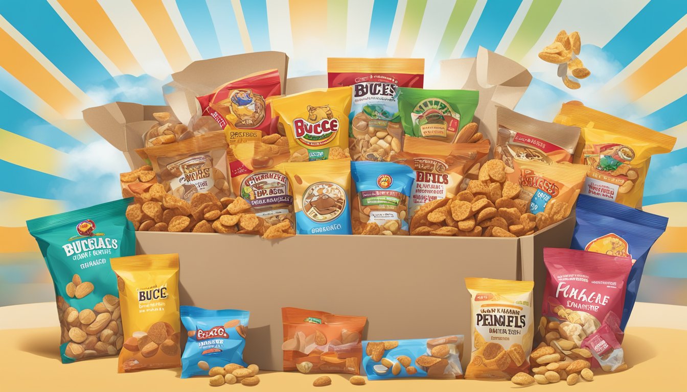 A colorful assortment of Buc-ee's Peanut Brittle and other snacks arranged in a care package, ready for a road trip