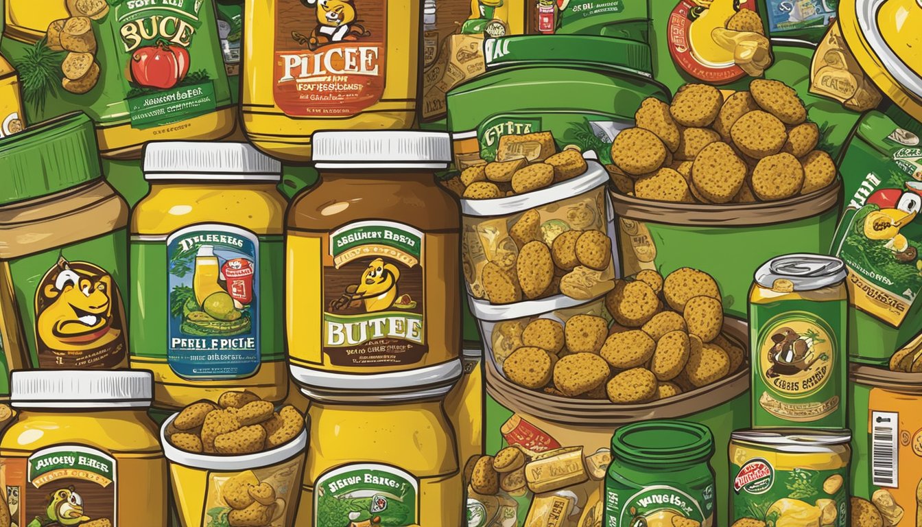 A jar of spicy dill pickle bites surrounded by a variety of Buc-ee's snacks, with beer bottles in the background