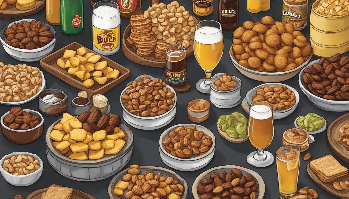 A table spread with assorted Buc-ee's snacks, including Sweet Maple Praline Pecans, and a variety of beers arranged for pairing