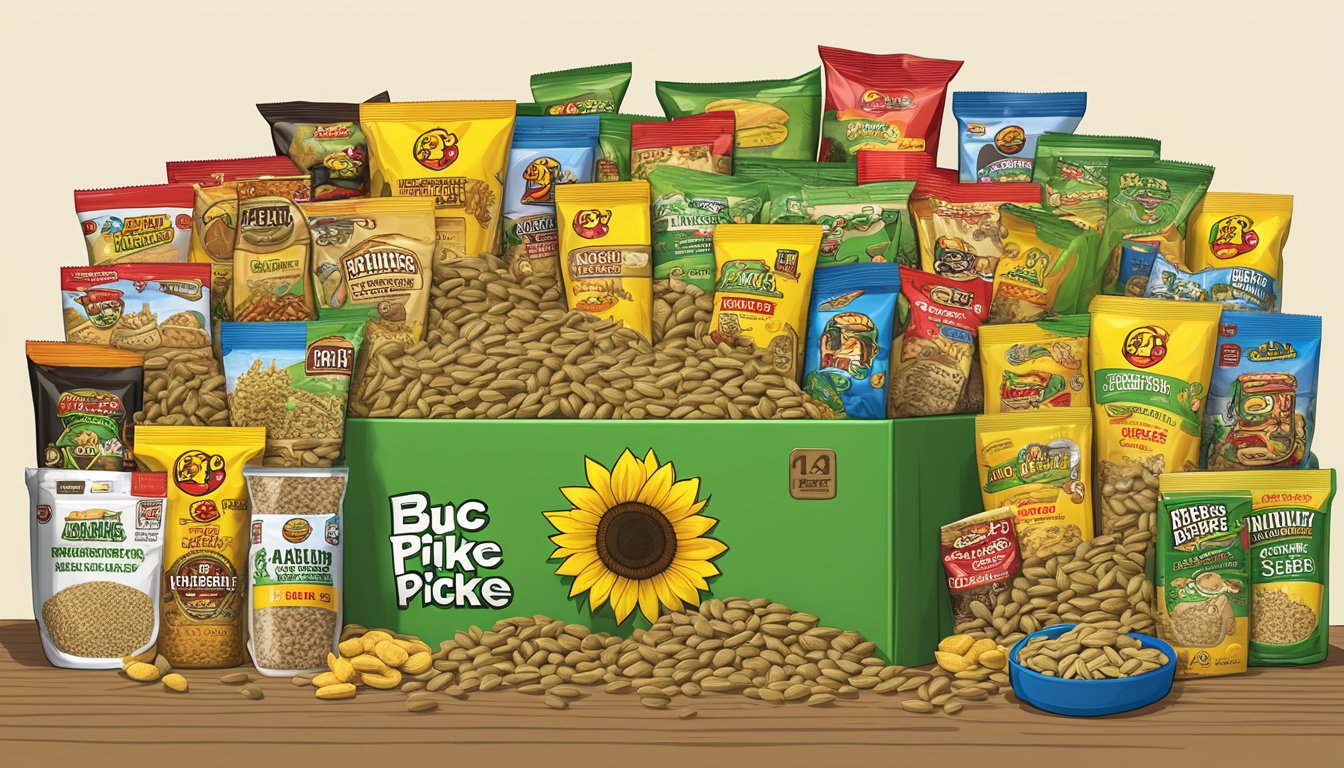 A pack of Buc-ee's Dill Pickle Flavored Sunflower Seeds surrounded by 14 other Buc-ee's items, all perfect for a road trip care package