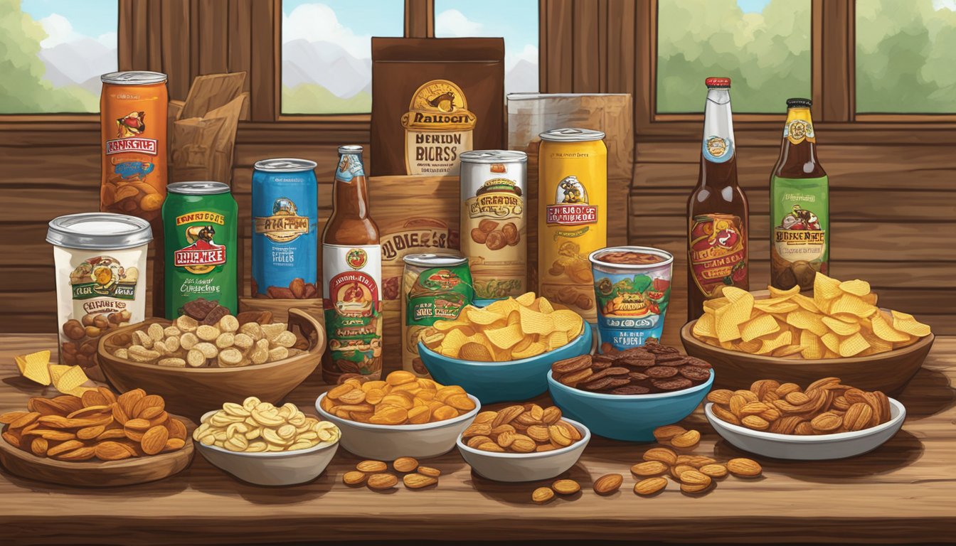 A rustic wooden table displays a variety of Buc-ee's snacks, including jerky, nuts, and chips, alongside an assortment of craft beers