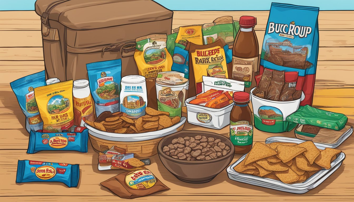 A table spread with Buc-ee's Texas Round Up beef jerky and 14 other items for a road trip care package