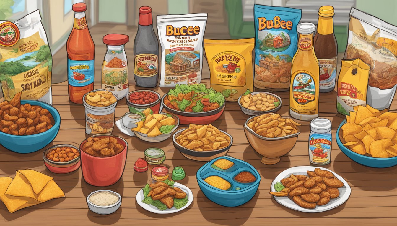 A table with a variety of Buc-ee's Spicy Cajun Mix and other road trip items arranged in a care package