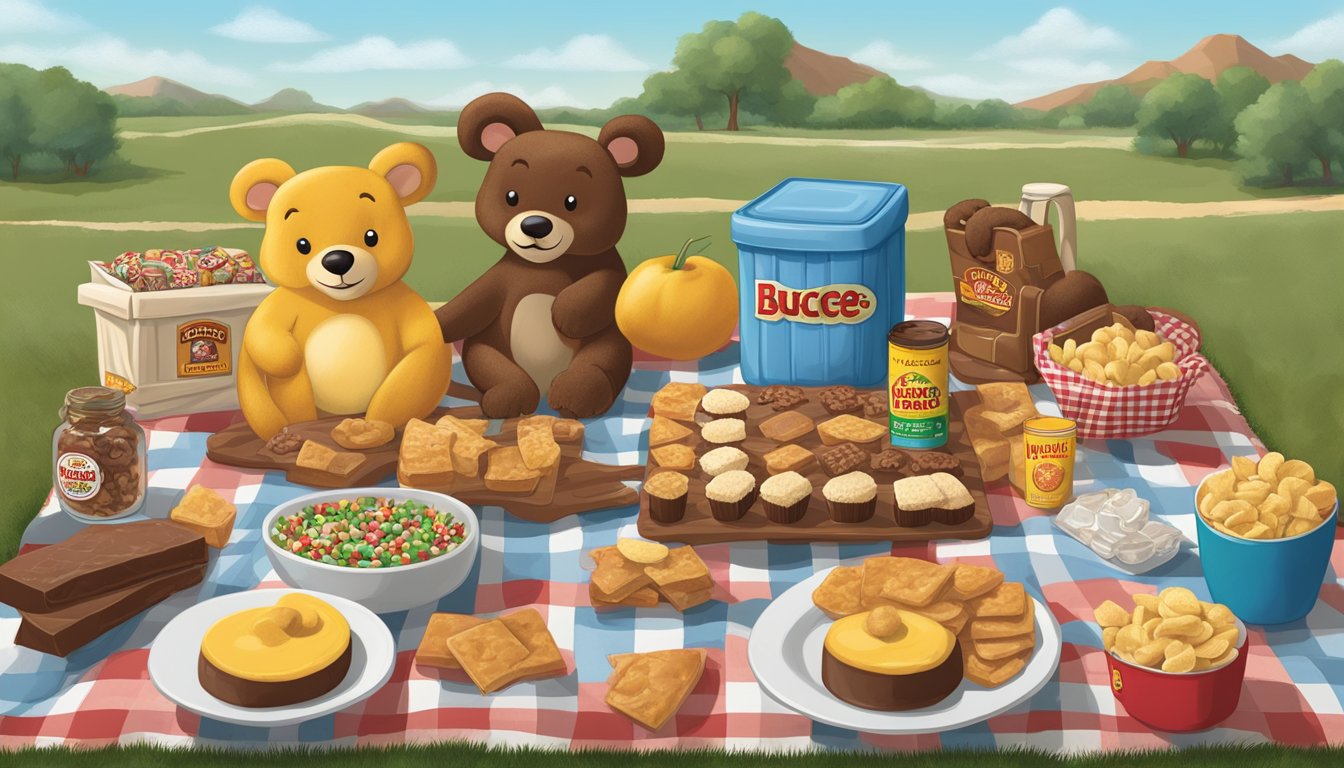 A colorful display of Buc-ee's fudge, snacks, and road trip essentials arranged on a checkered picnic blanket