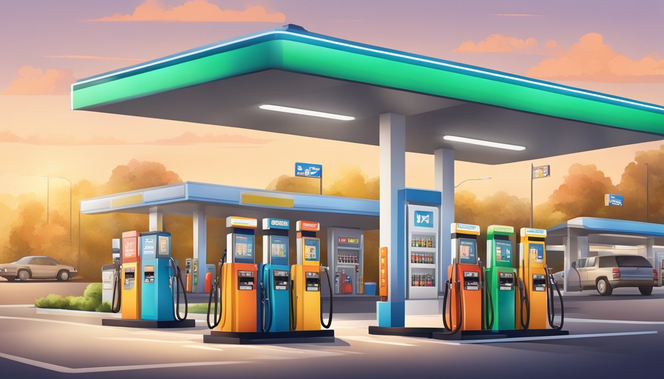 A bustling gas station with colorful fuel pumps, a large convenience store, and a towering sign advertising affordable gas prices