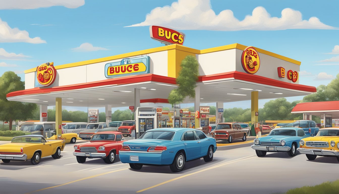 A bustling Buc-ee's gas station and convenience store with rows of parked cars, a towering sign, and a busy highway in the background