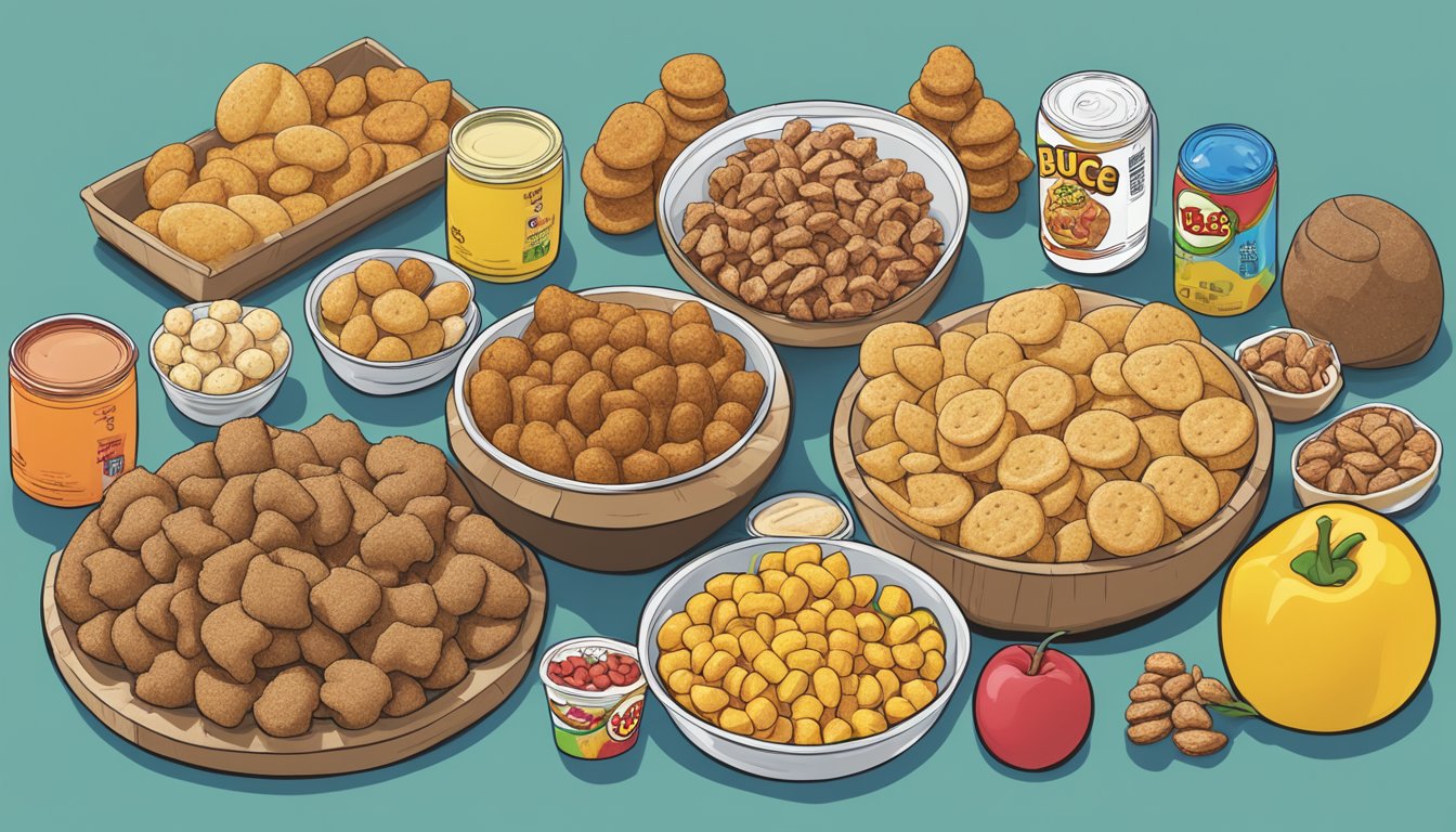 A spread of Buc-ee's snacks arranged by calorie count, with Beaver Nuggets in the center surrounded by other snacks