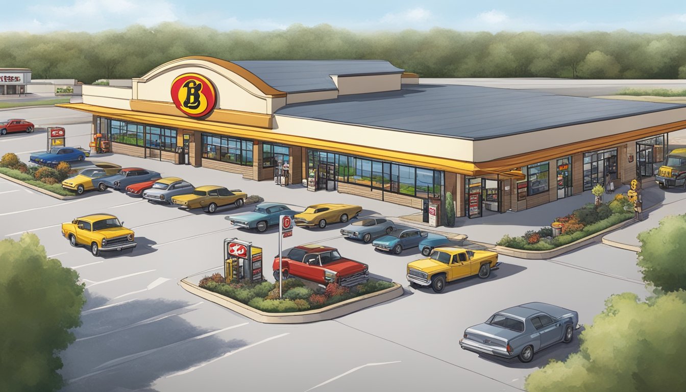 A bustling gas station with 40+ fuel pumps and modern amenities, surrounded by a sprawling parking lot and adorned with the iconic Buc-ee's logo