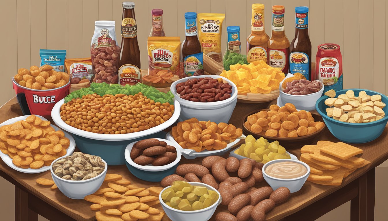 A table with a variety of Buc-ee's snacks, including Hill Country Brand Smoked Sausage, arranged from least to most calories