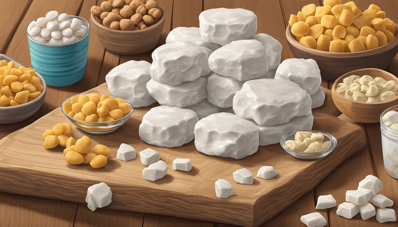 A pile of White Fudge Beaver Nuggets sits on a wooden table, surrounded by various other Buc-ee's snacks