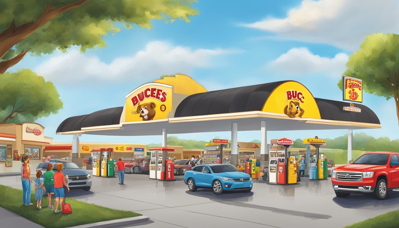 A busy Buc-ee's gas station with colorful signage, clean pumps, and a line of happy customers receiving friendly service from staff