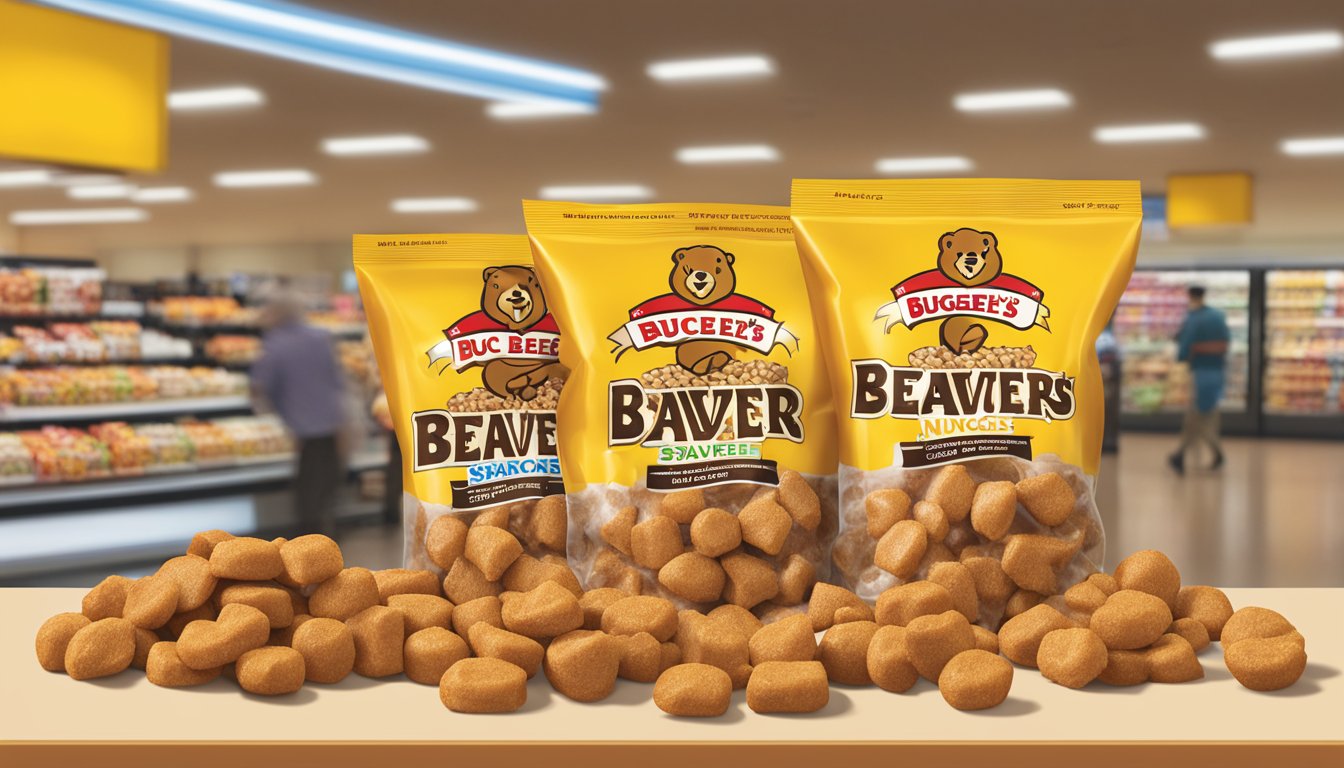 A bag of Salted Caramel Beaver Nuggets sits among a display of Buc-ee's snacks, arranged from least to most calories