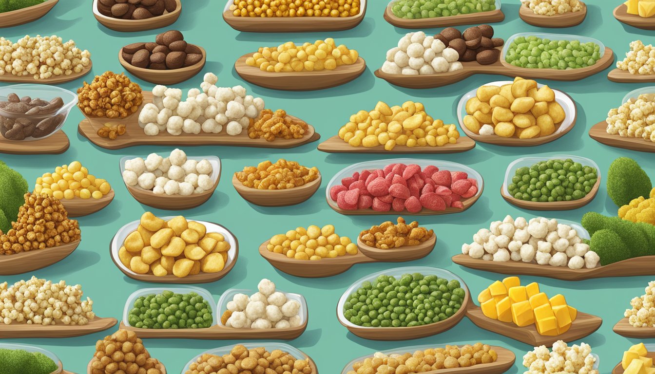 A colorful array of Buc-ee's snacks, including Dill Pickle Popcorn, arranged from least to most calories