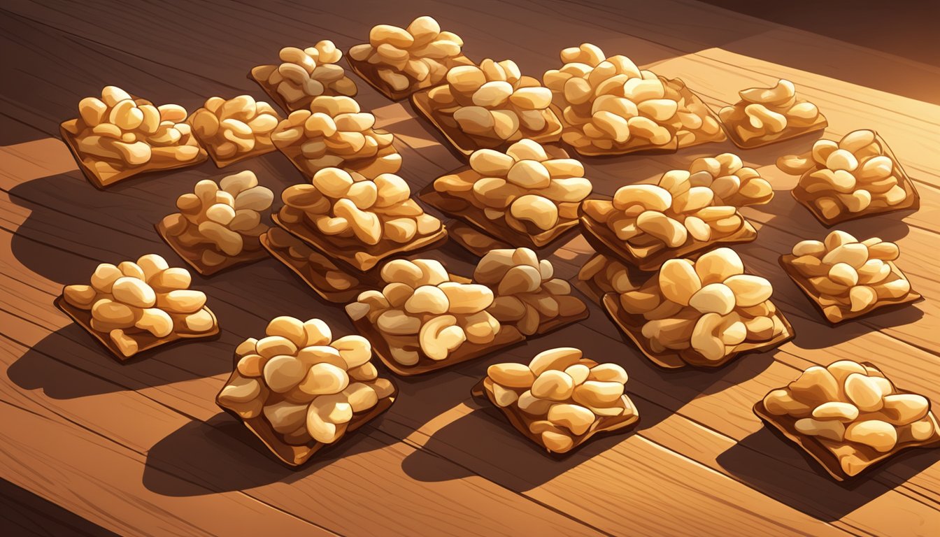 A pile of BBQ-flavored cashew crunch snacks arranged in a pyramid on a wooden table, with a bright spotlight shining down on them