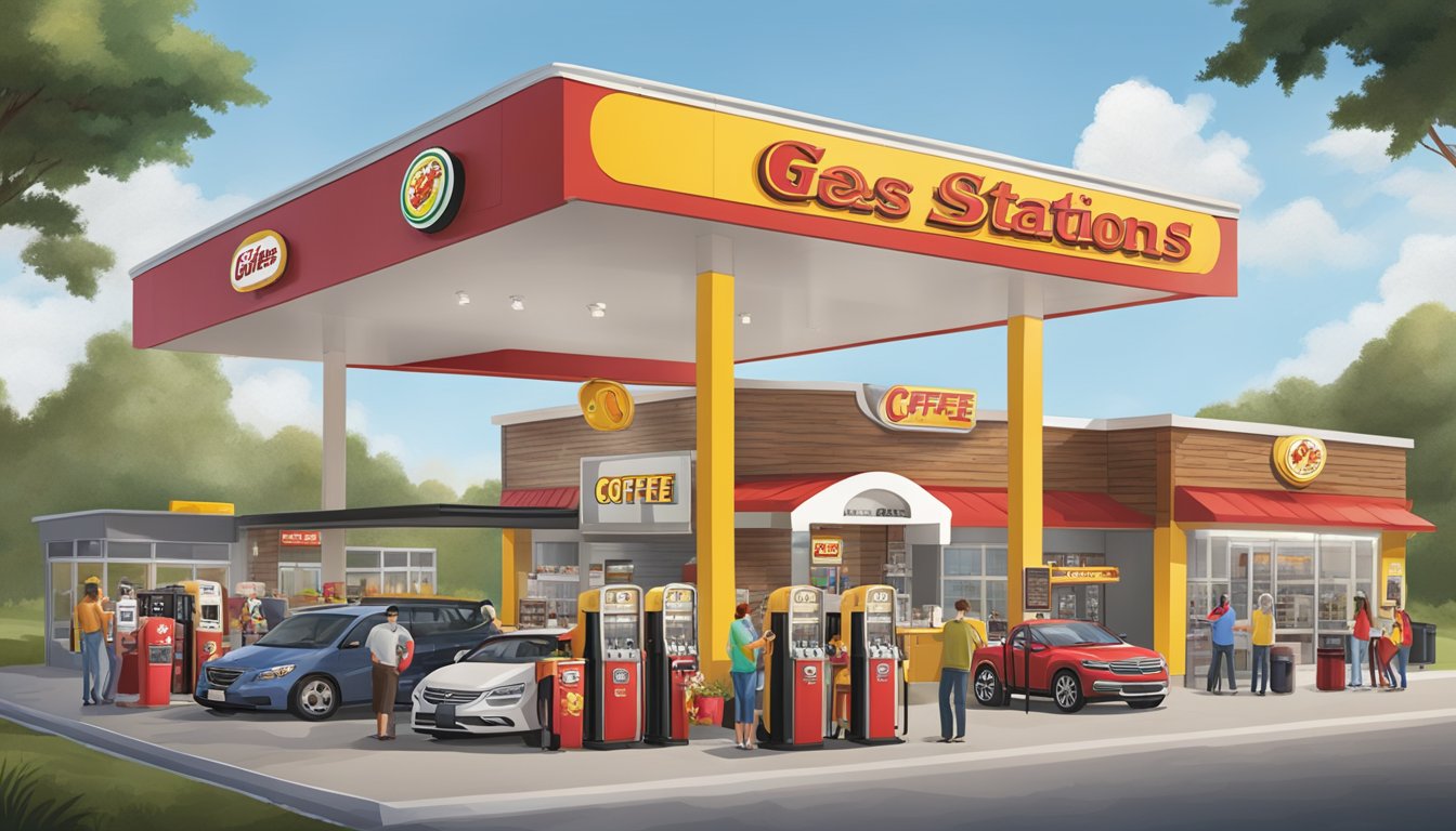 A bustling gas station with 12 unique coffee stations, each offering top-quality brews, surrounded by Buc-ee's iconic branding and signage