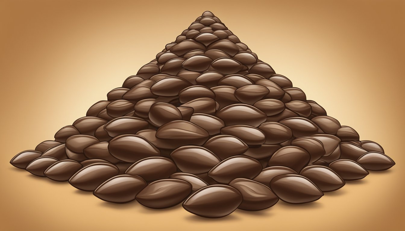 A pile of chocolate-covered almonds arranged in a pyramid, with the Buc-ee's logo in the background