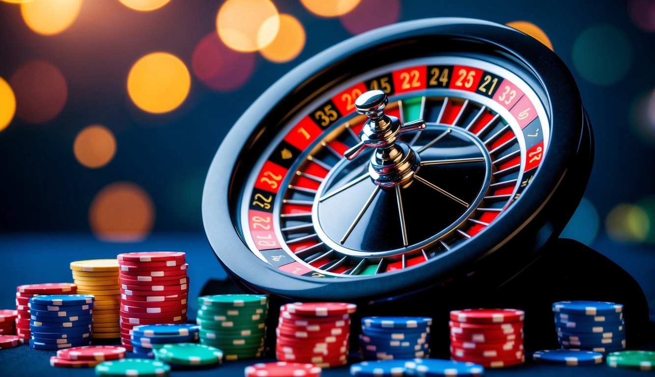 Roda roulette berputar dengan chip berwarna-warni tersebar di sekitarnya