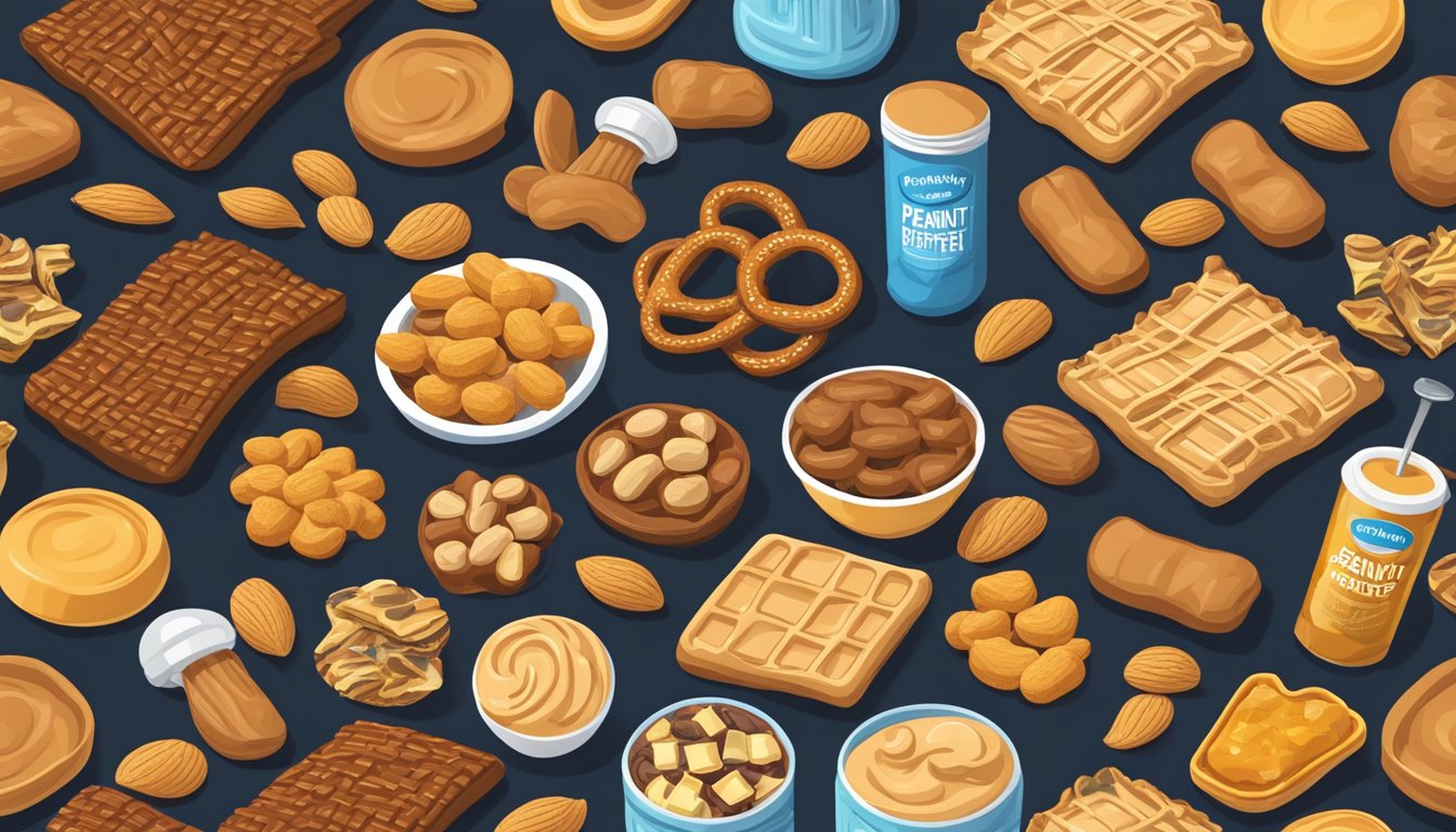 A pile of peanut butter pretzels surrounded by various other snacks, arranged in order from least to most calories