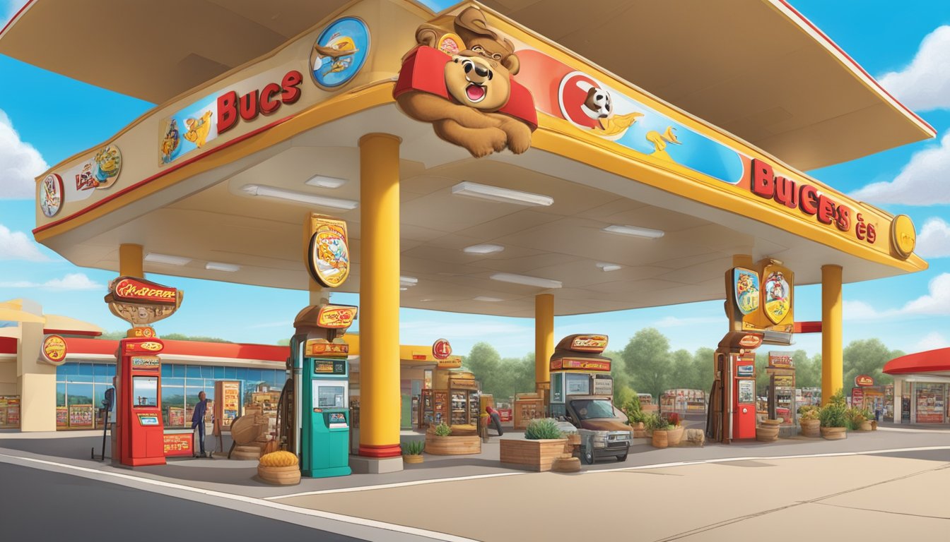 A large Buc-ee's gas station with iconic beaver mascot, colorful signs, and clean surroundings, inviting for a selfie