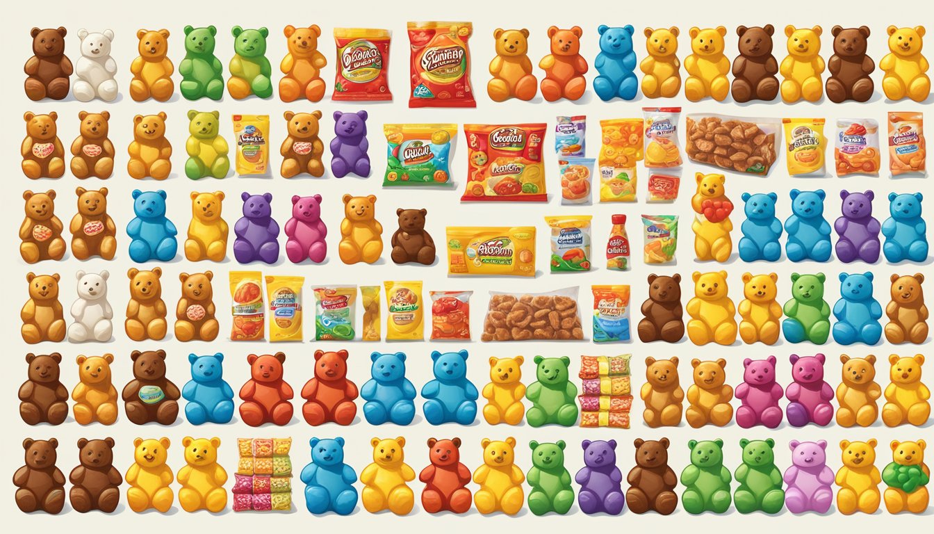 A colorful display of Buc-ee's Gummi Bears and various snacks arranged in ascending order of calorie content