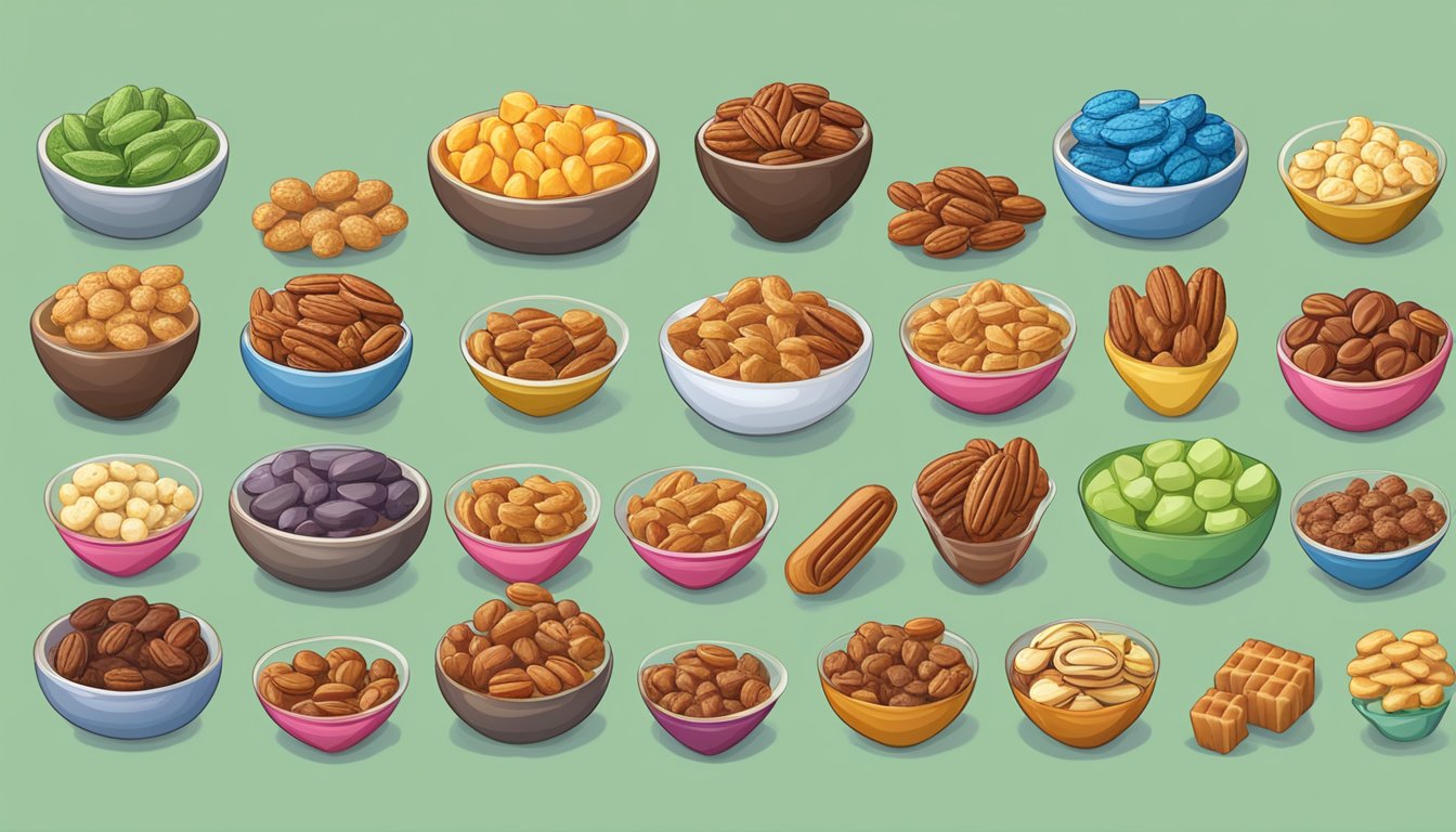 A colorful display of various snacks, including praline pecans, arranged from least to most calories