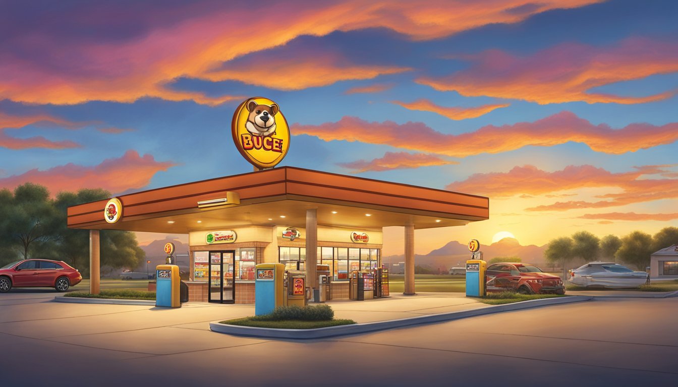 A vibrant Texan sunset casts warm hues over the Buc-ee's gas station, with the iconic beaver mascot standing proudly against the colorful sky