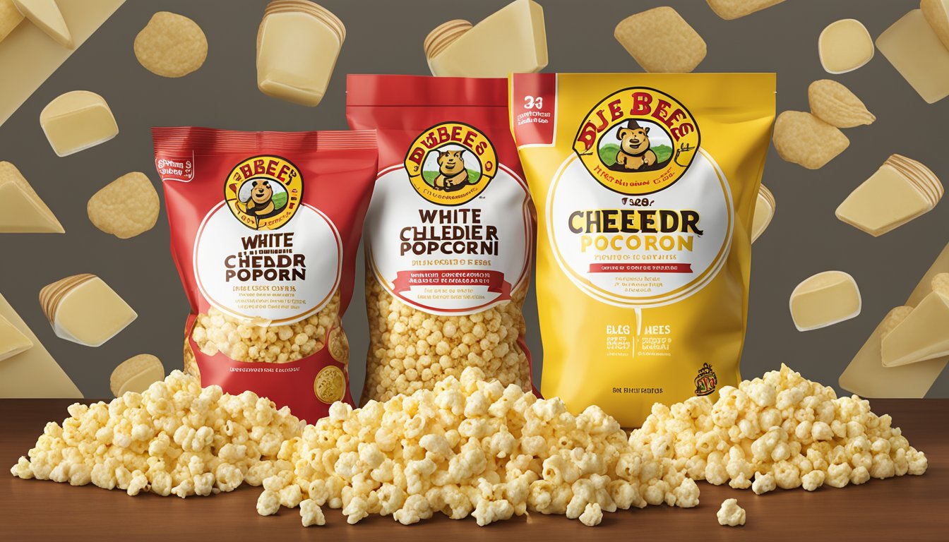 A bag of white cheddar popcorn sits next to a lineup of various Buc-ee's snacks, arranged from least to most calories