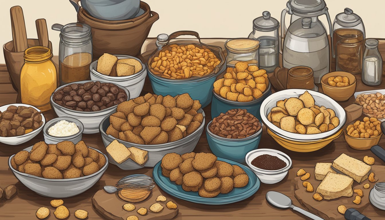 A table spread with various homemade snacks, including Buc-ee's Beaver Nuggets Bark, surrounded by kitchen utensils and ingredients