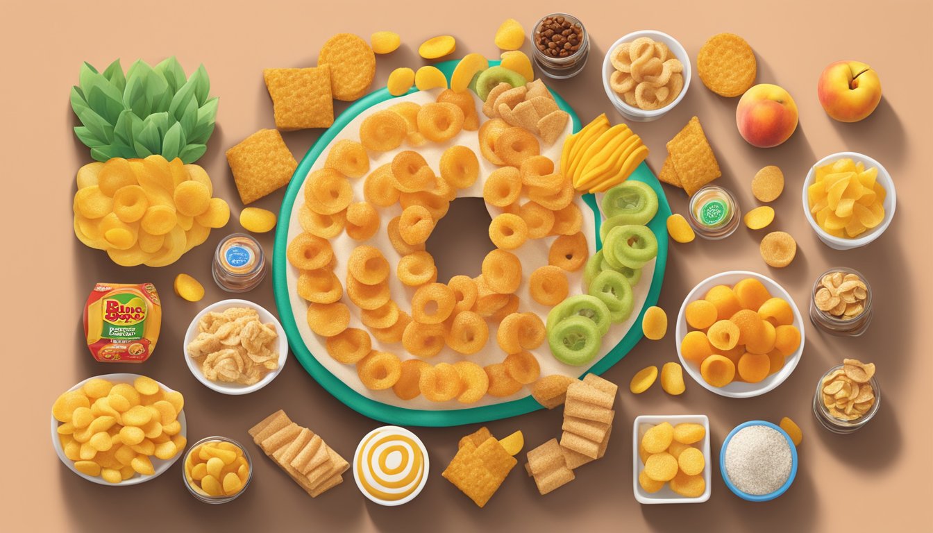 A colorful display of Buc-ee's Peach Rings and other snacks, arranged in a ranking from least to most calories