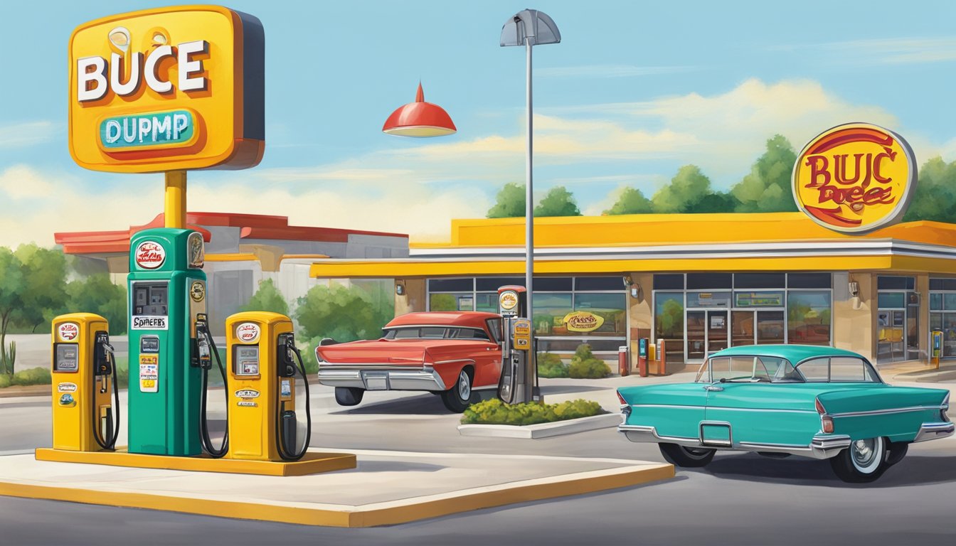 A vintage petrol pump stands in front of Buc-ee's, surrounded by colorful signage and a bustling parking lot