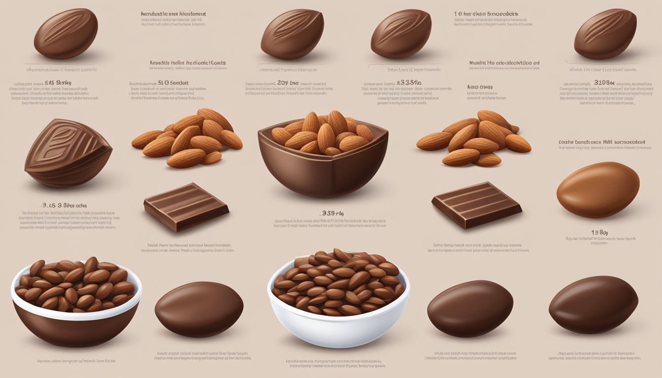 A pile of milk chocolate almonds arranged in a line, with a numbered list next to each snack, ranking them from least to most calories