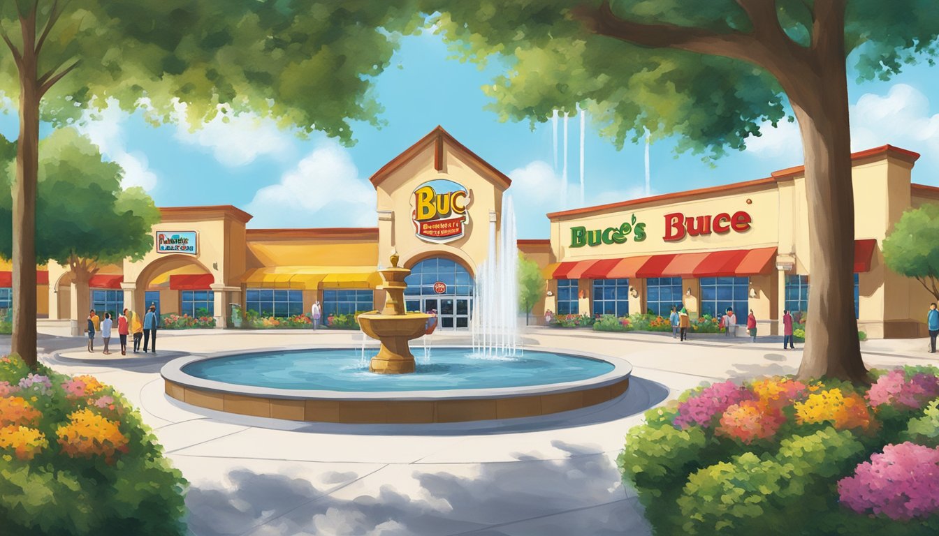 A colorful fountain at Buc-ee's, surrounded by lush landscaping and a clear blue sky