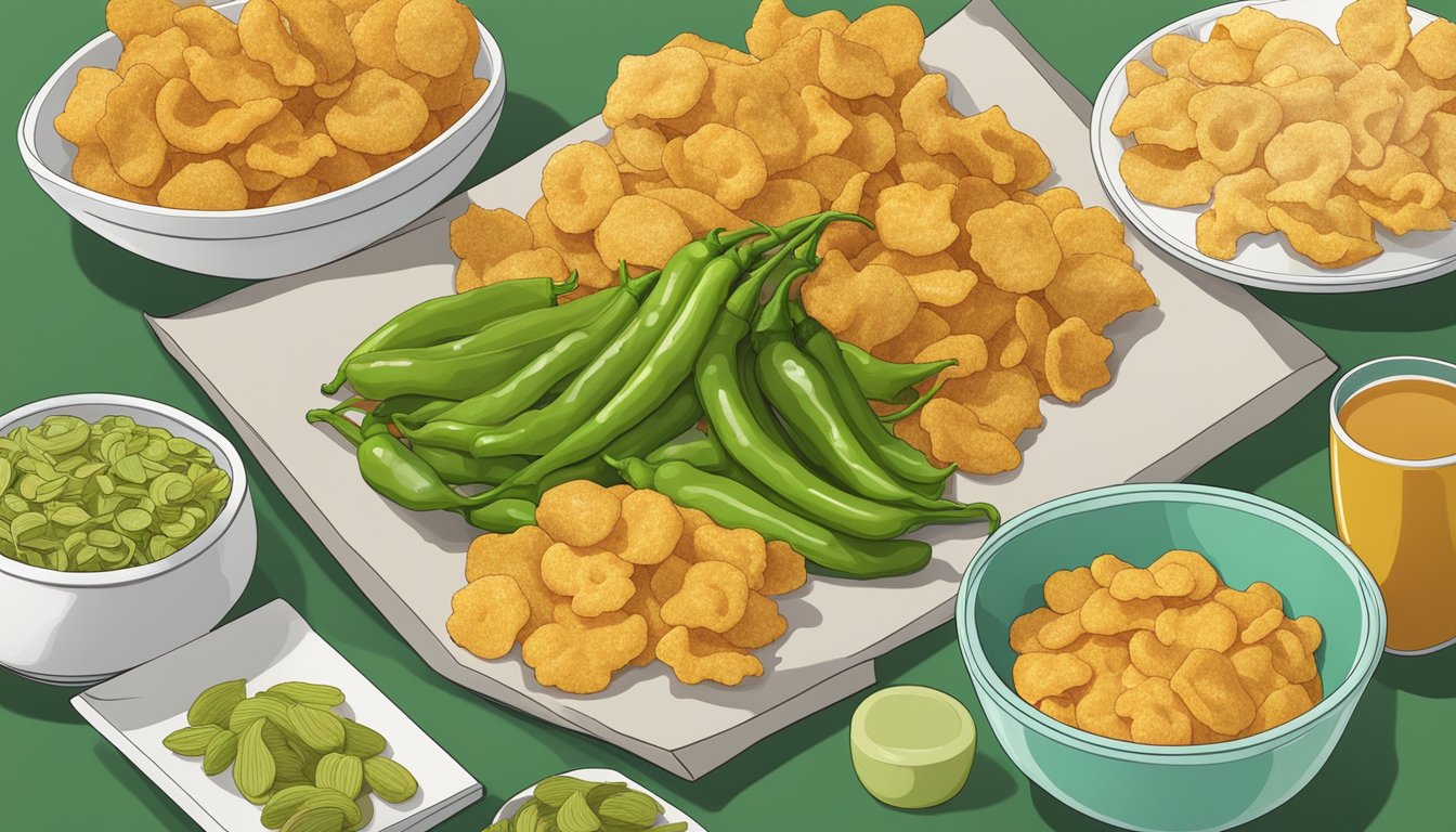 A pile of green chili pork rinds sits on a table, surrounded by various snack items