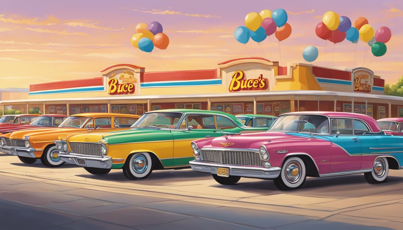 Vintage cars parked in rows at Buc-ee's, Fort Worth. Brightly colored, polished exteriors catching the sunlight. Gas pumps and store in background