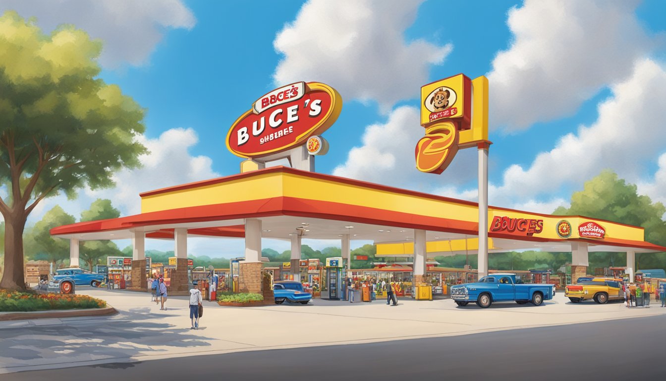 A sprawling Buc-ee's location with a towering sign, pristine landscaping, and a crowd of colorful gas pumps under a bright blue sky