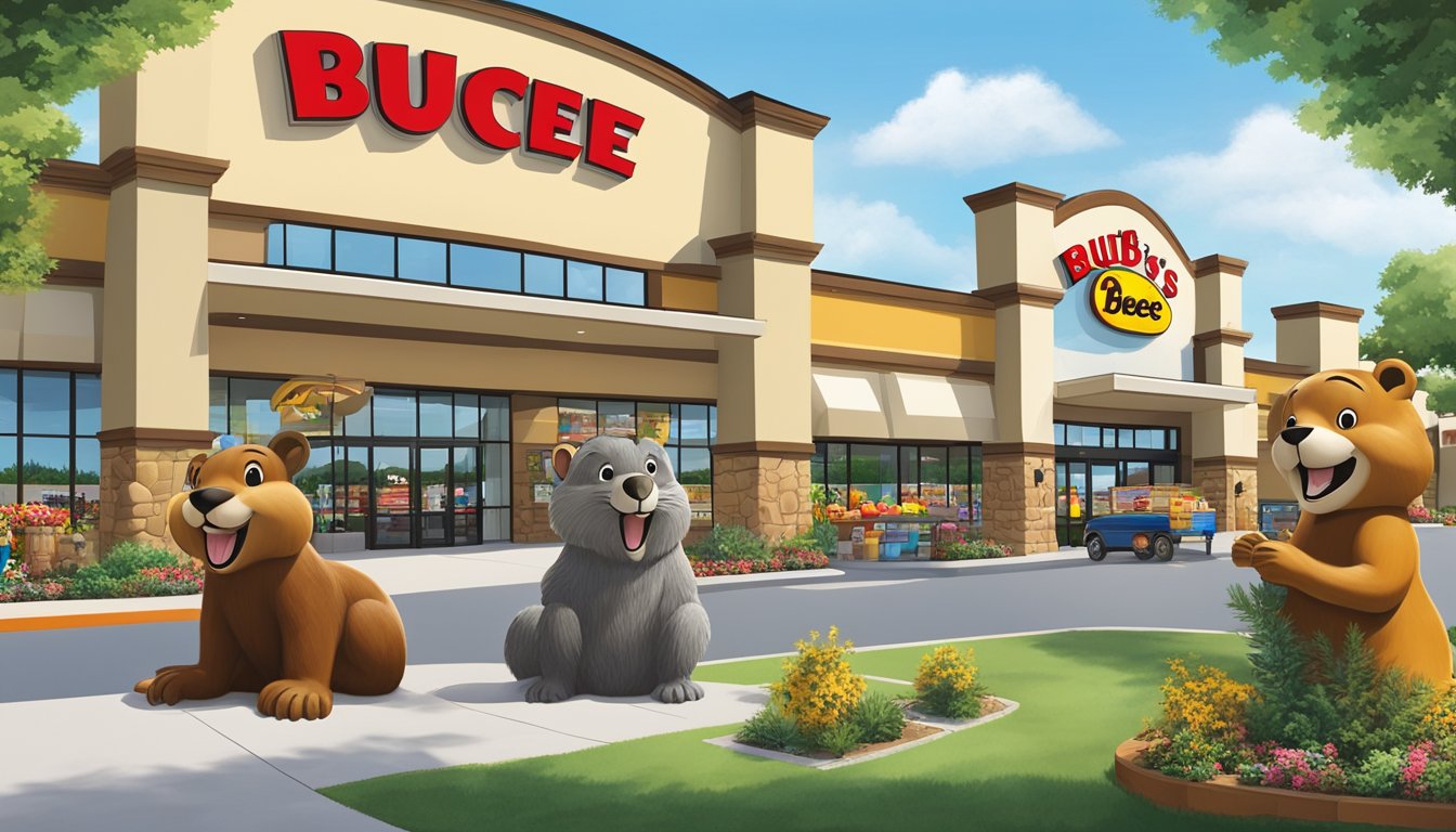 A colorful array of oversized animal statues and a giant beaver mascot stand in front of the Buc-ee's store, surrounded by lush greenery and a clear blue sky