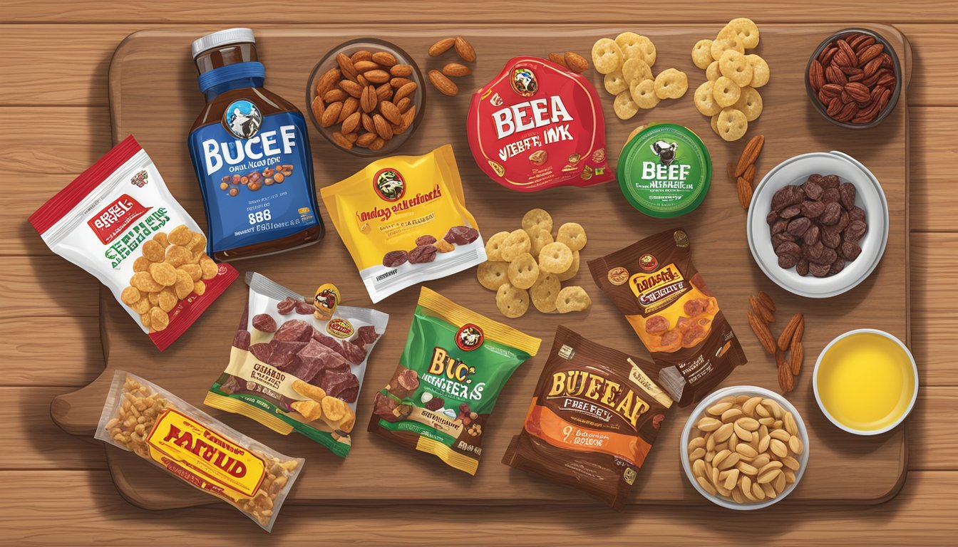 A spread of signature Buc-ee's snacks and ingredients arranged on a wooden cutting board, including beef jerky, trail mix, and packaged candies