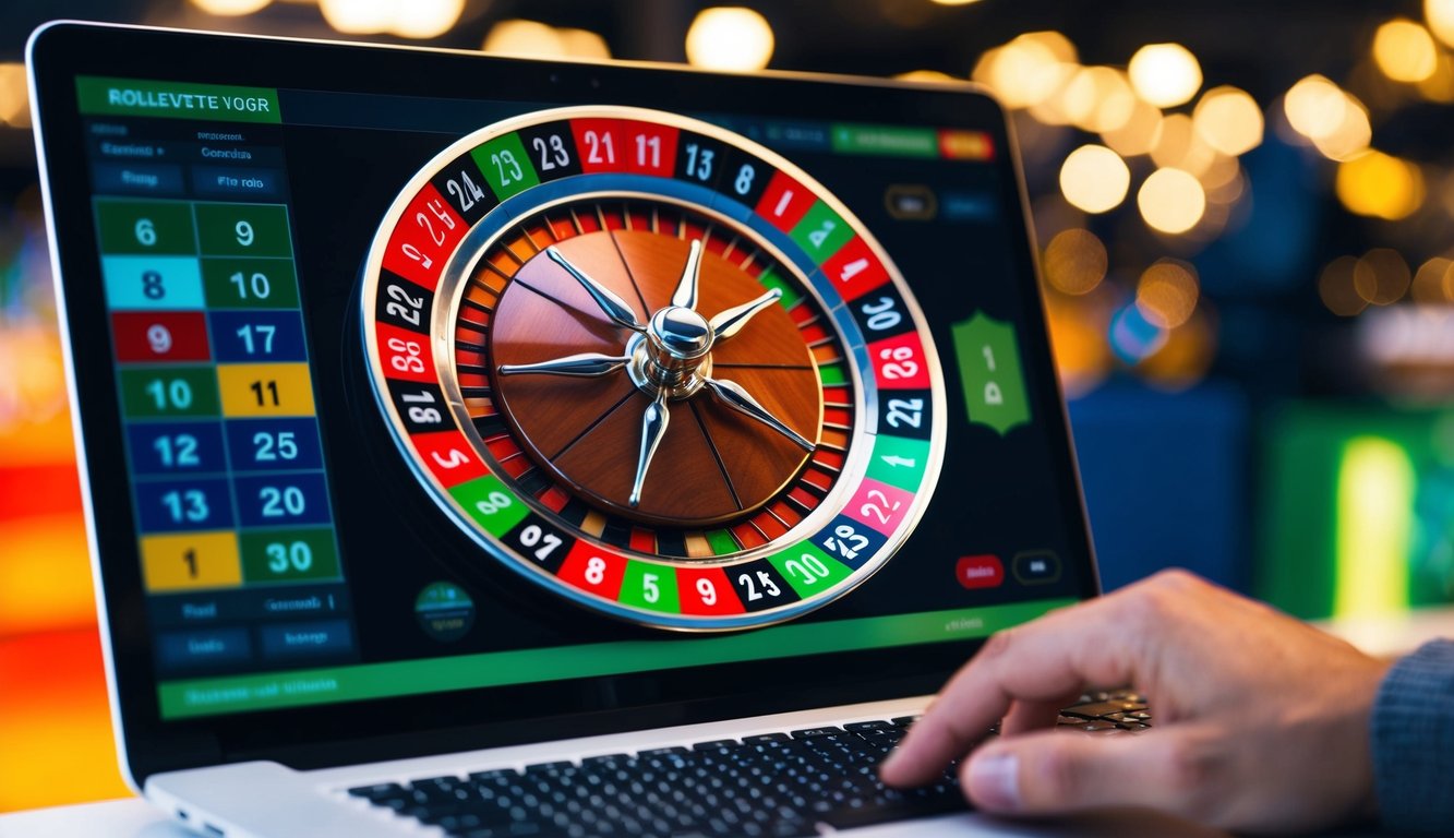 Sebuah roda roulette digital berputar di layar komputer dengan angka dan bagian yang berwarna-warni