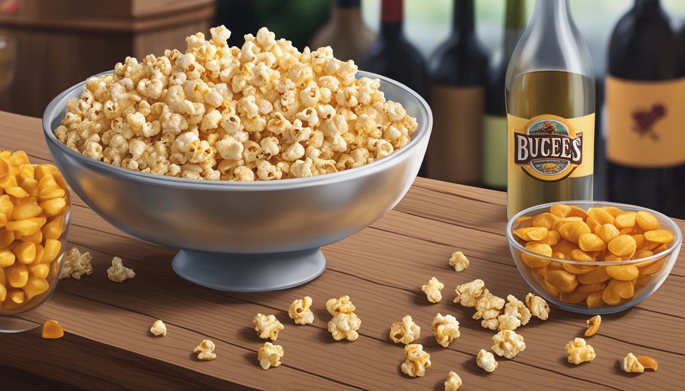 A bowl of sea salt caramel popcorn sits next to a glass of wine, surrounded by various Buc-ee's snacks on a wooden table