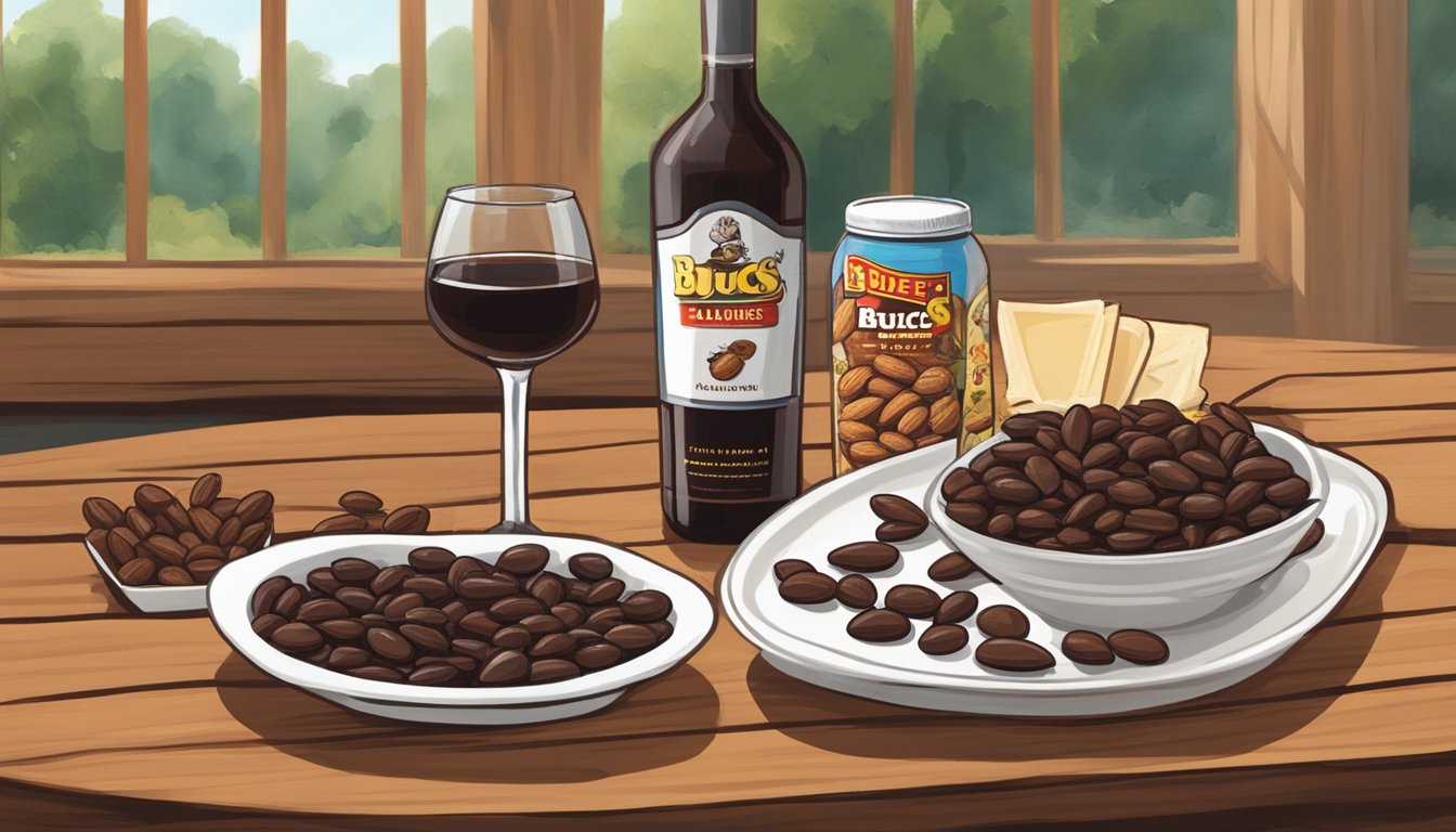 A glass of red wine next to a bowl of dark chocolate almonds, with a variety of Buc-ee's snacks arranged around it on a wooden table