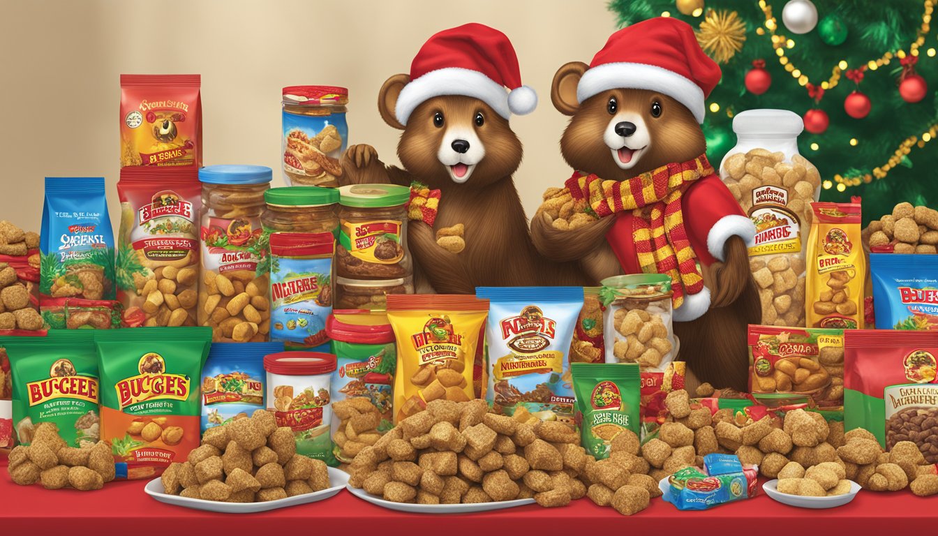 A pile of Buc-ee's Beaver Nuggets surrounded by other stocking stuffer products on a festive display table