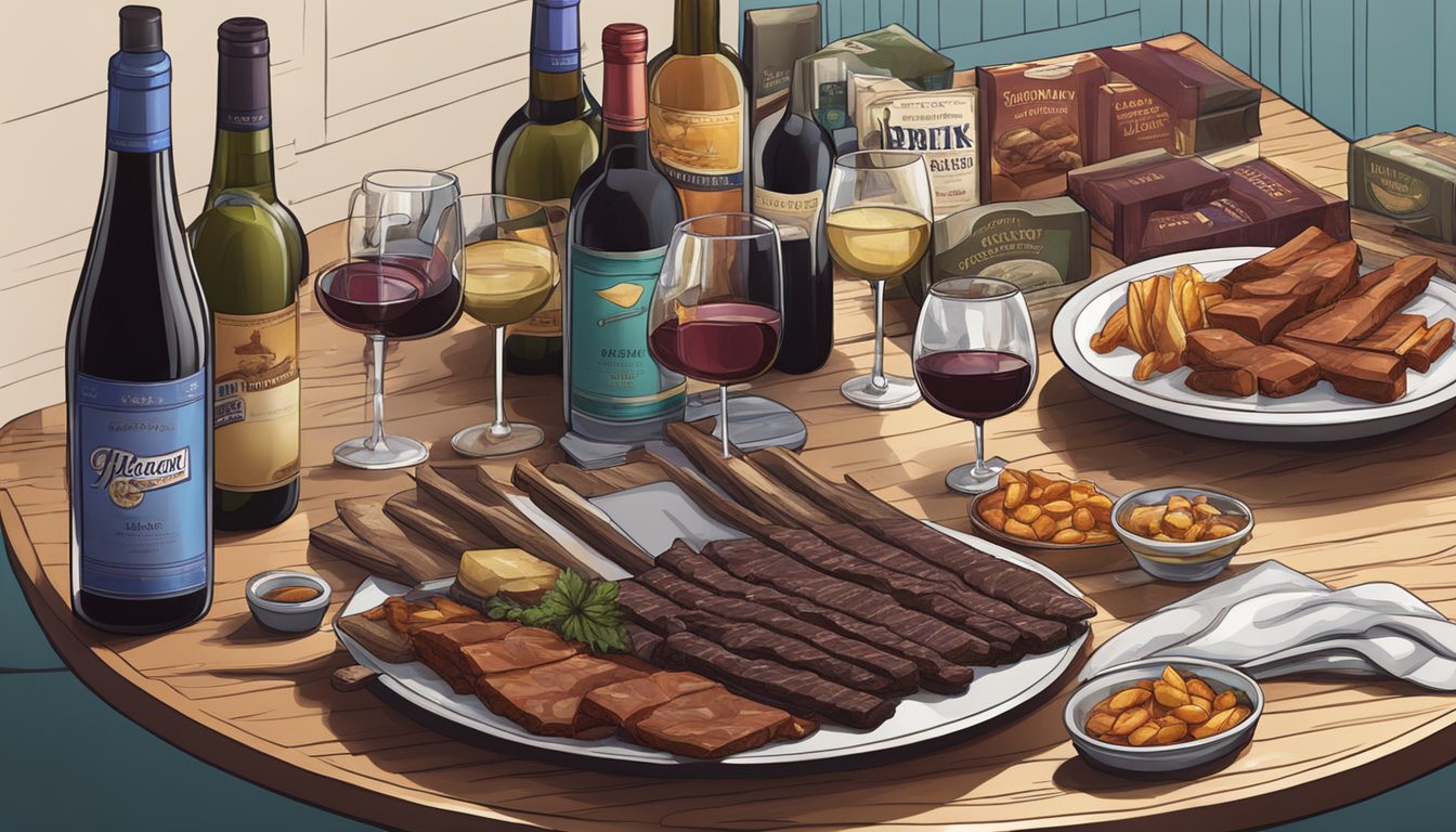 A table set with a variety of jerky packs and wine bottles