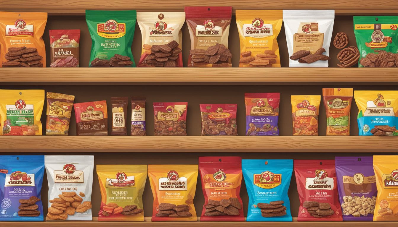 A colorful display of Buc-ee's jerky assortment with 11 products arranged neatly for stocking stuffers