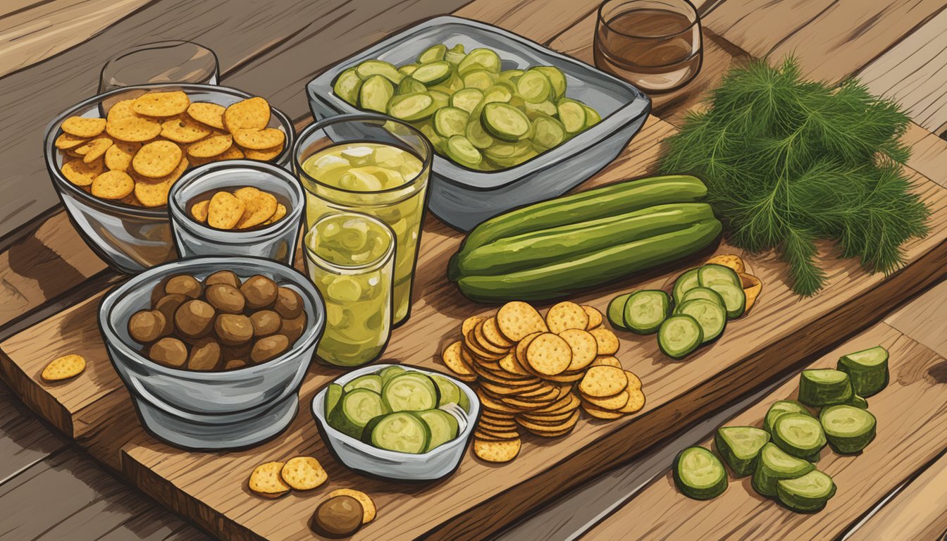 A glass of wine surrounded by a variety of Buc-ee's dill pickle chips and snacks on a wooden serving board